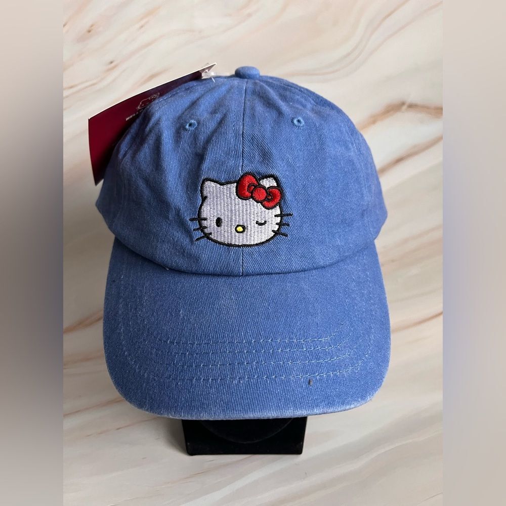 Women's Hello Kitty Hat Wink Embroidered Graphic Baseball Cap Blue 100% Cotton